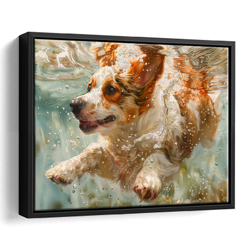 Funny Corgi Puppie Underwater Watercolor, Funny Pet Art, Floating Framed Canvas Print Wall Art