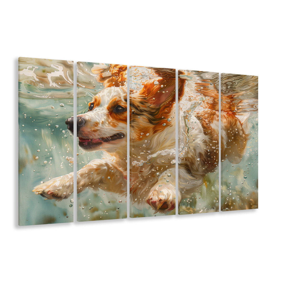 Funny Corgi Puppie Underwater Watercolor, Funny Pet Art, Multi Panels Canvas Print Wall Art