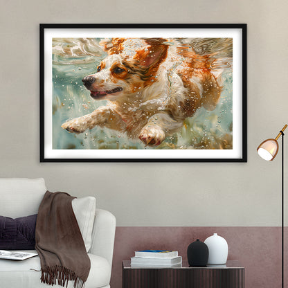 Funny Corgi Puppie Underwater Watercolor, Funny Pet Art, Framed Art Print White Border Wall Decor