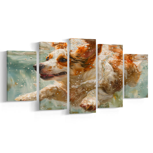 Funny Corgi Puppie Underwater Watercolor, Funny Pet Art, Mixed Panels Canvas Print Wall Art