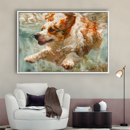 Funny Corgi Puppie Underwater Watercolor, Funny Pet Art, Floating Framed Canvas Print Wall Art