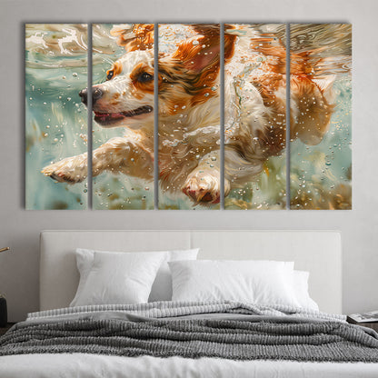Funny Corgi Puppie Underwater Watercolor, Funny Pet Art, Multi Panels Canvas Print Wall Art