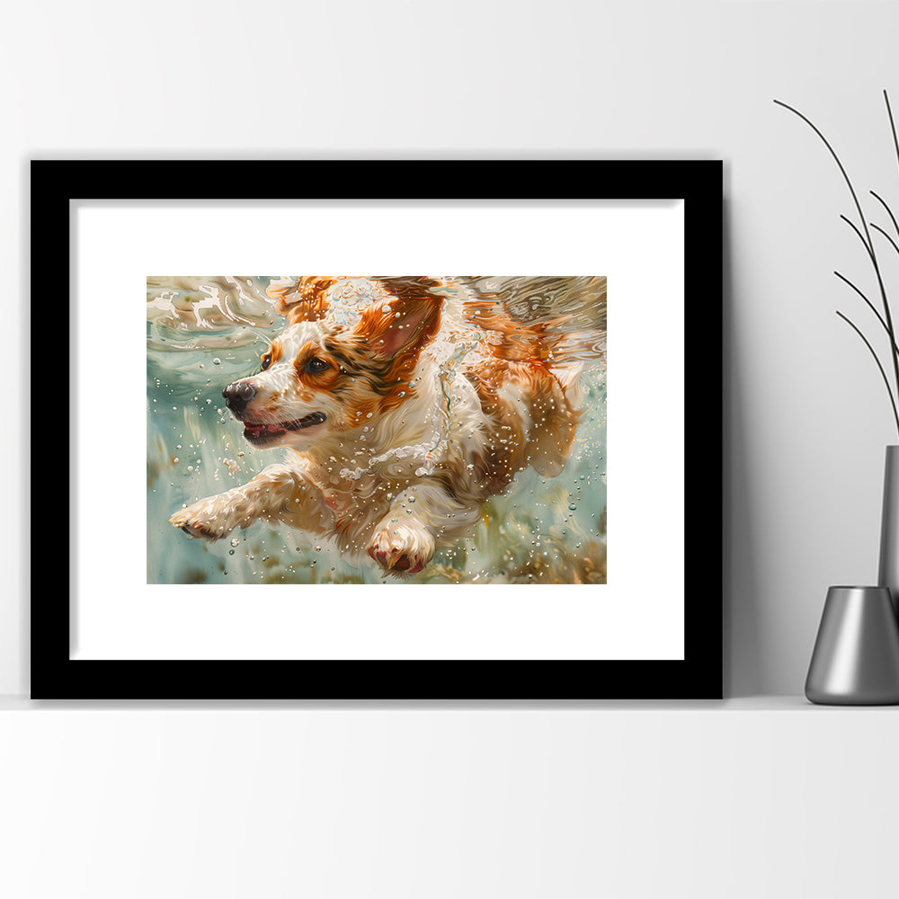 Funny Corgi Puppie Underwater Watercolor, Funny Pet Art, Framed Art Print White Border Wall Decor