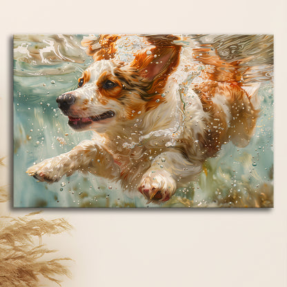 Funny Corgi Puppie Underwater Watercolor, Funny Pet Art, Canvas Print Wall Art Home Decor