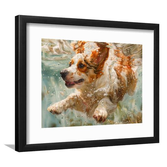 Funny Corgi Puppie Underwater Watercolor, Funny Pet Art, Framed Art Print White Border Wall Decor