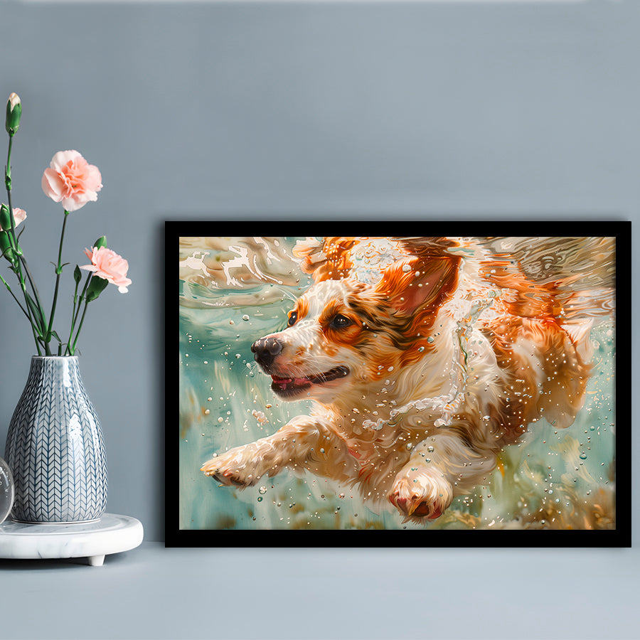Funny Corgi Puppie Underwater Watercolor, Funny Pet Art, Framed Art Print Wall Decor, Framed Picture