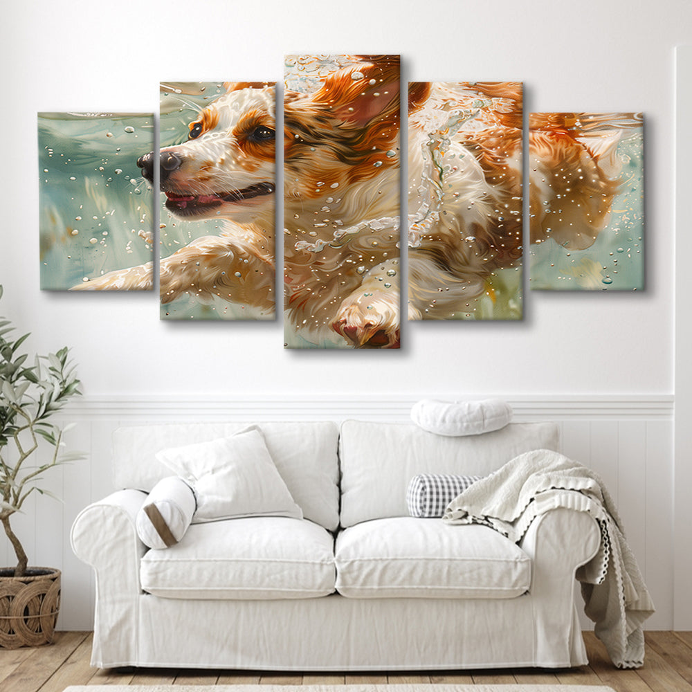Funny Corgi Puppie Underwater Watercolor, Funny Pet Art, Mixed Panels Canvas Print Wall Art