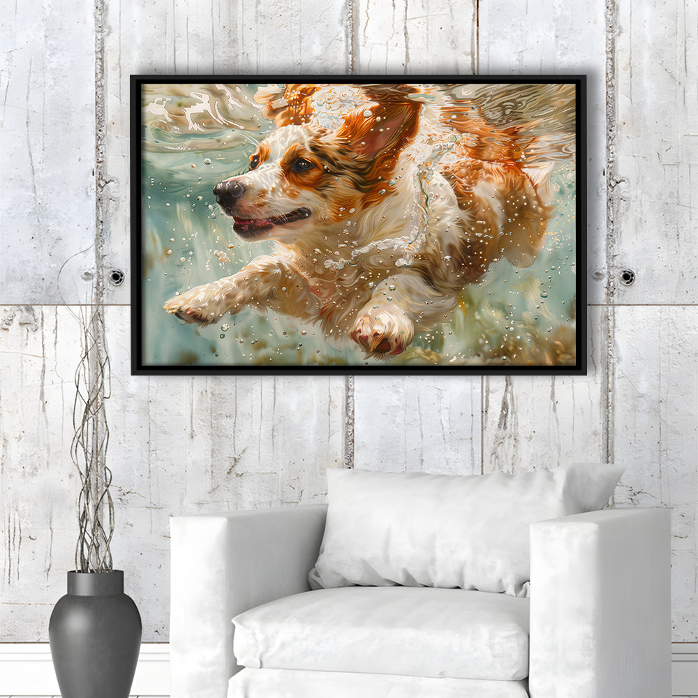 Funny Corgi Puppie Underwater Watercolor, Funny Pet Art, Floating Framed Canvas Print Wall Art