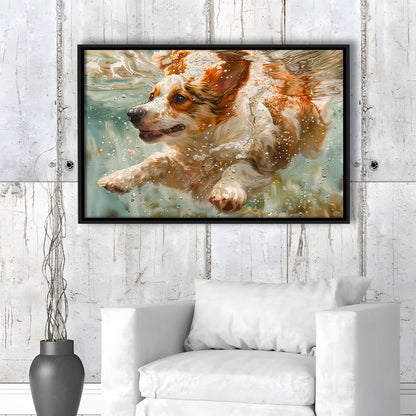 Funny Corgi Puppie Underwater Watercolor, Funny Pet Art, Floating Framed Canvas Print Wall Art