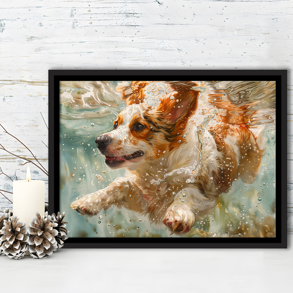 Funny Corgi Puppie Underwater Watercolor, Funny Pet Art, Floating Framed Canvas Print Wall Art