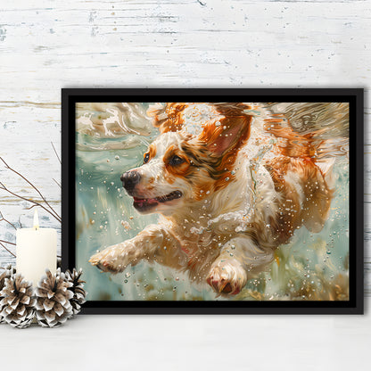 Funny Corgi Puppie Underwater Watercolor, Funny Pet Art, Floating Framed Canvas Print Wall Art