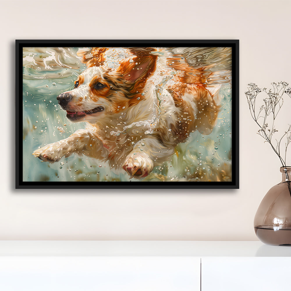 Funny Corgi Puppie Underwater Watercolor, Funny Pet Art, Floating Framed Canvas Print Wall Art