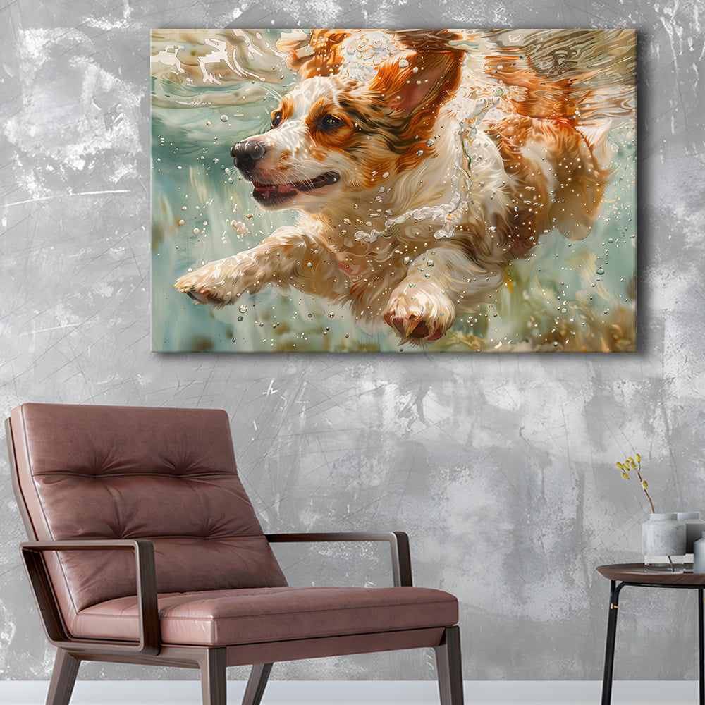 Funny Corgi Puppie Underwater Watercolor, Funny Pet Art, Canvas Print Wall Art Home Decor