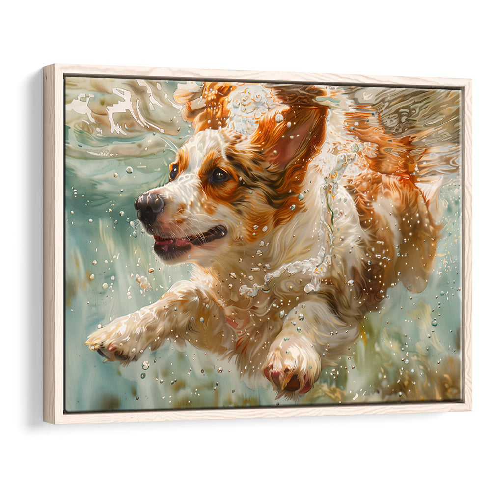 Funny Corgi Puppie Underwater Watercolor, Funny Pet Art, Floating Framed Canvas Print Wall Art