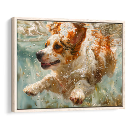 Funny Corgi Puppie Underwater Watercolor, Funny Pet Art, Floating Framed Canvas Print Wall Art