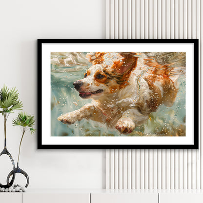 Funny Corgi Puppie Underwater Watercolor, Funny Pet Art, Framed Art Print White Border Wall Decor