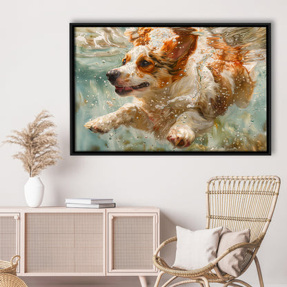 Funny Corgi Puppie Underwater Watercolor, Funny Pet Art, Floating Framed Canvas Print Wall Art