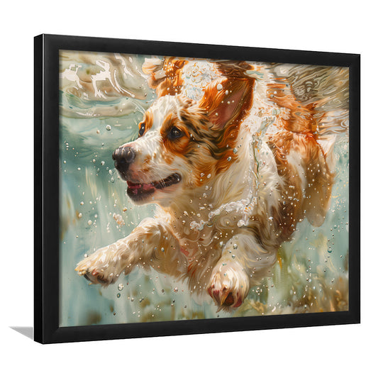 Funny Corgi Puppie Underwater Watercolor, Funny Pet Art, Framed Art Print Wall Decor, Framed Picture