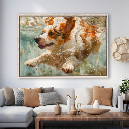 Funny Corgi Puppie Underwater Watercolor, Funny Pet Art, Floating Framed Canvas Print Wall Art