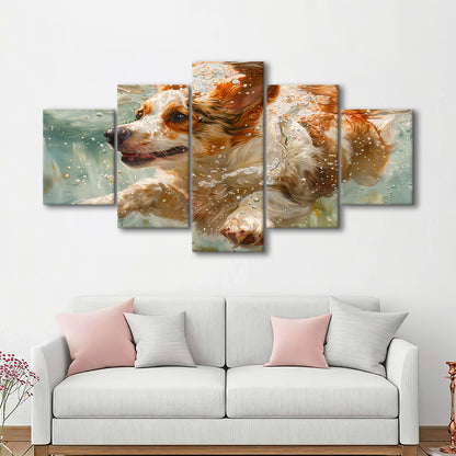 Funny Corgi Puppie Underwater Watercolor, Funny Pet Art, Mixed Panels Canvas Print Wall Art