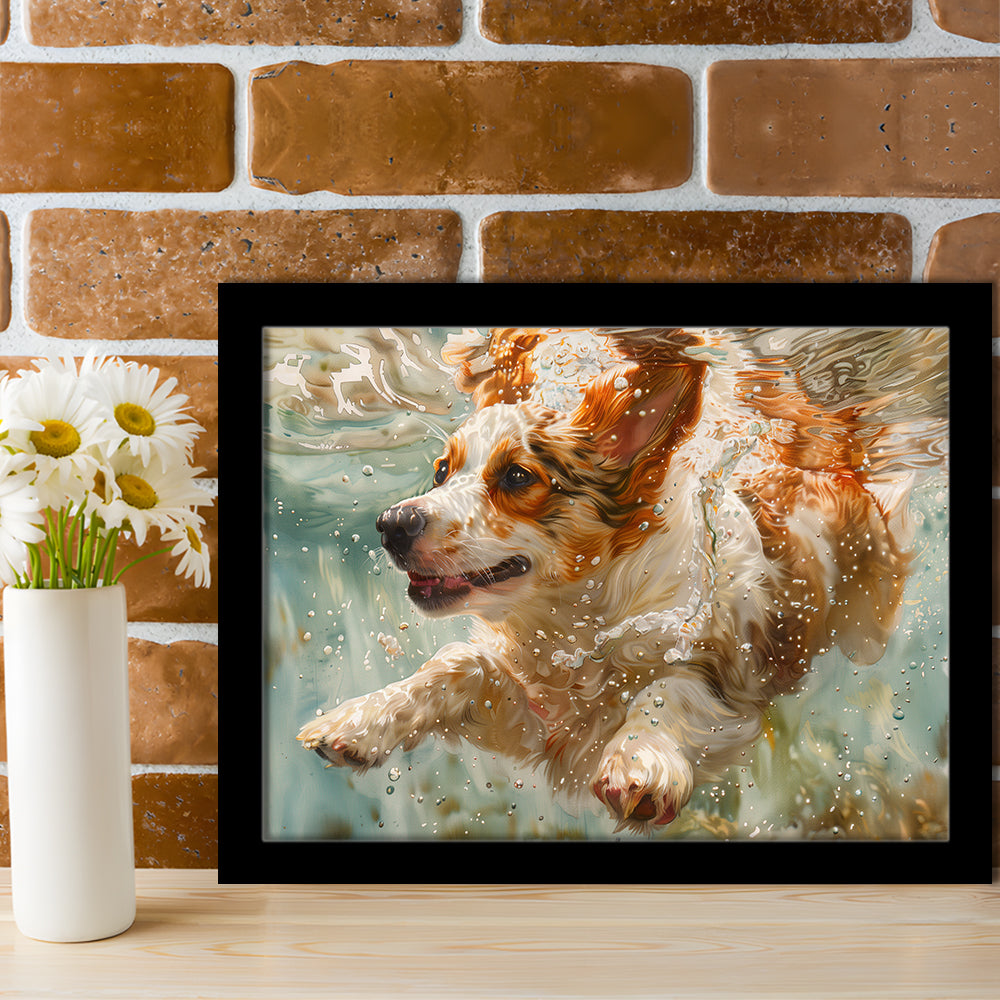 Funny Corgi Puppie Underwater Watercolor, Funny Pet Art, Framed Art Print Wall Decor, Framed Picture