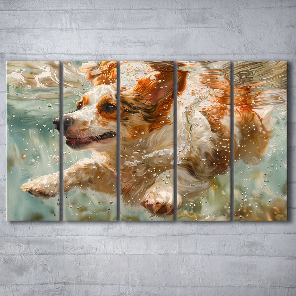 Funny Corgi Puppie Underwater Watercolor, Funny Pet Art, Multi Panels Canvas Print Wall Art