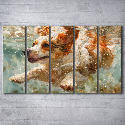 Funny Corgi Puppie Underwater Watercolor, Funny Pet Art, Multi Panels Canvas Print Wall Art