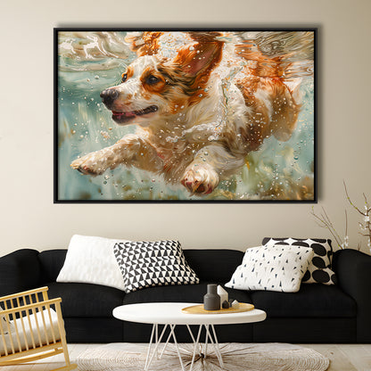 Funny Corgi Puppie Underwater Watercolor, Funny Pet Art, Floating Framed Canvas Print Wall Art