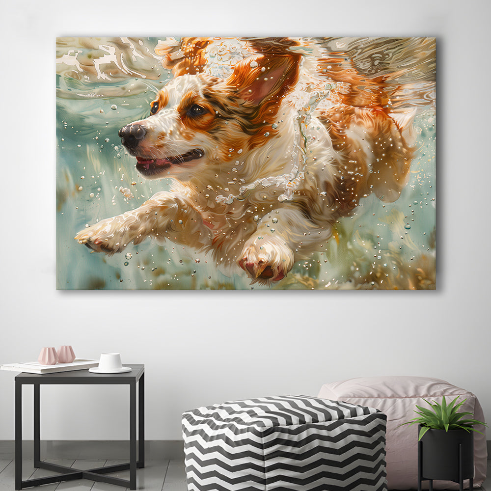 Funny Corgi Puppie Underwater Watercolor, Funny Pet Art, Canvas Print Wall Art Home Decor