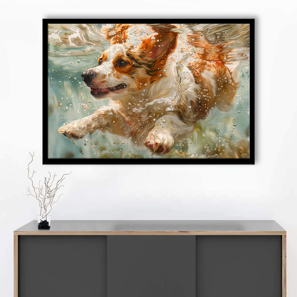 Funny Corgi Puppie Underwater Watercolor, Funny Pet Art, Framed Art Print Wall Decor, Framed Picture