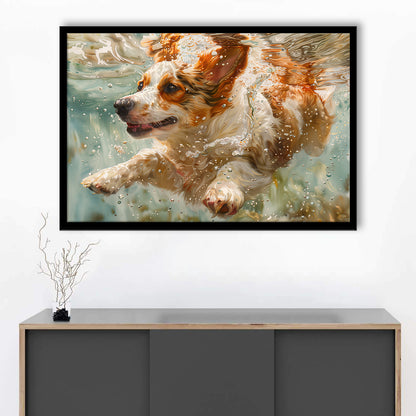 Funny Corgi Puppie Underwater Watercolor, Funny Pet Art, Framed Art Print Wall Decor, Framed Picture