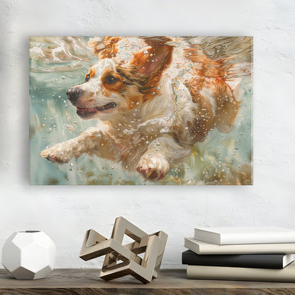Funny Corgi Puppie Underwater Watercolor, Funny Pet Art, Canvas Print Wall Art Home Decor