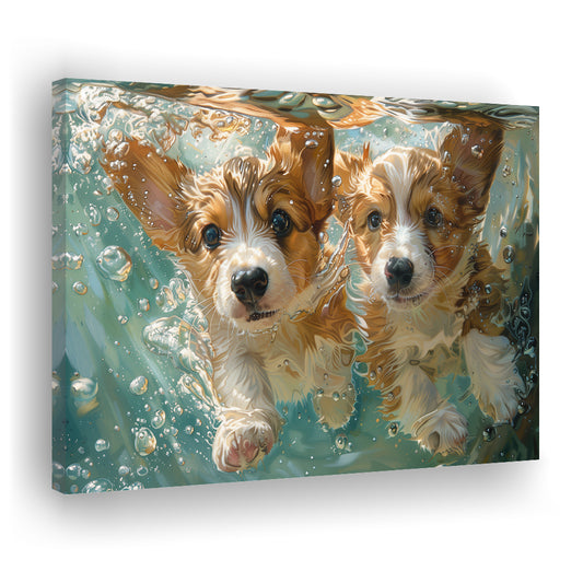 Funny Corgi Puppies Underwater Watercolor, Funny Pet Art, Canvas Print Wall Art Home Decor