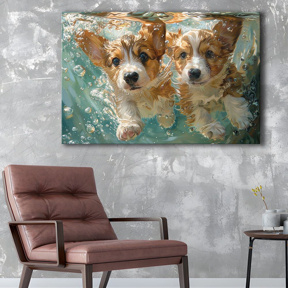 Funny Corgi Puppies Underwater Watercolor, Funny Pet Art, Canvas Print Wall Art Home Decor