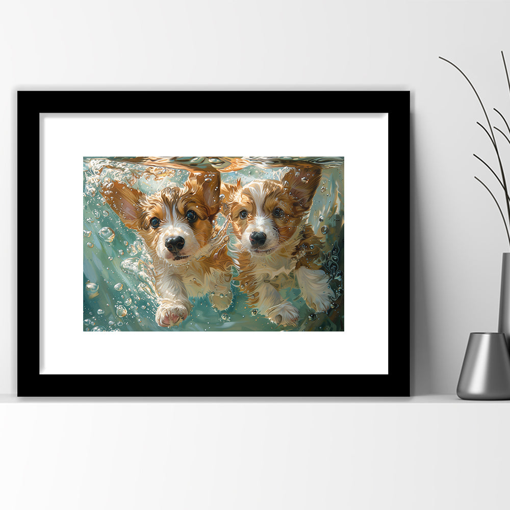 Funny Corgi Puppies Underwater Watercolor, Funny Pet Art, Framed Art Print White Border Wall Decor