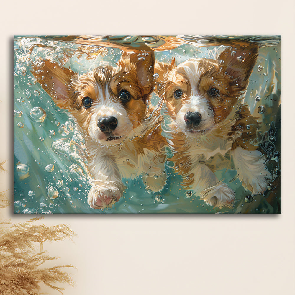 Funny Corgi Puppies Underwater Watercolor, Funny Pet Art, Canvas Print Wall Art Home Decor