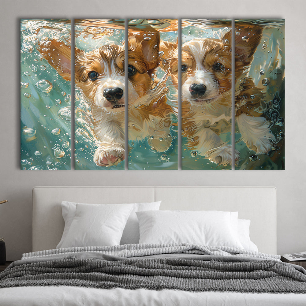 Funny Corgi Puppies Underwater Watercolor, Funny Pet Art, Multi Panels Canvas Print Wall Art
