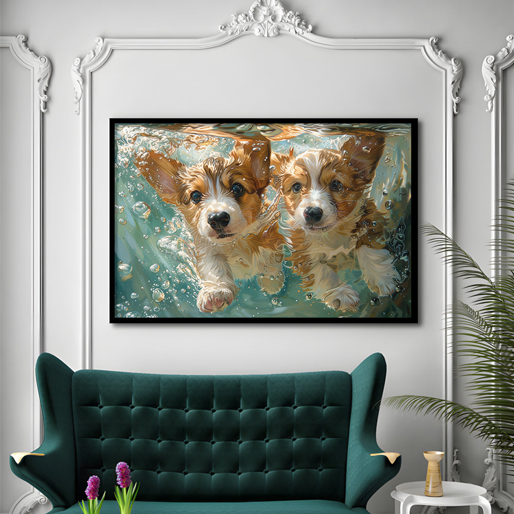 Funny Corgi Puppies Underwater Watercolor, Funny Pet Art, Framed Art Print Wall Decor, Framed Picture