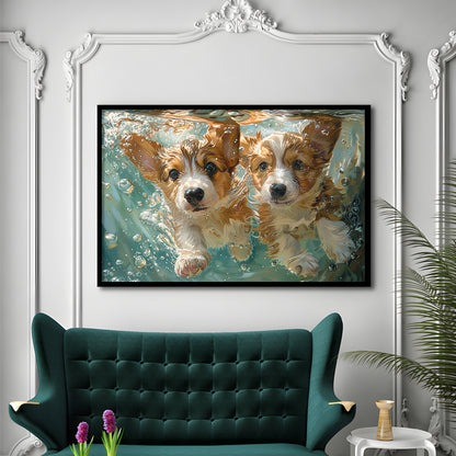 Funny Corgi Puppies Underwater Watercolor, Funny Pet Art, Framed Art Print Wall Decor, Framed Picture