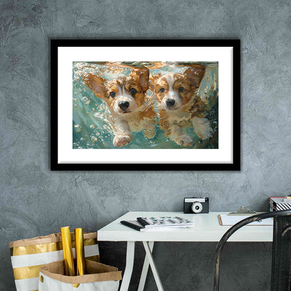 Funny Corgi Puppies Underwater Watercolor, Funny Pet Art, Framed Art Print White Border Wall Decor