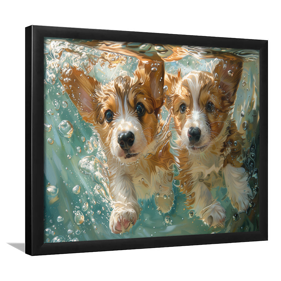 Funny Corgi Puppies Underwater Watercolor, Funny Pet Art, Framed Art Print Wall Decor, Framed Picture