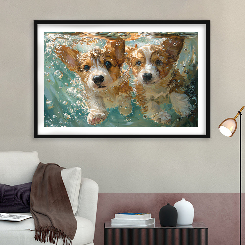 Funny Corgi Puppies Underwater Watercolor, Funny Pet Art, Framed Art Print White Border Wall Decor