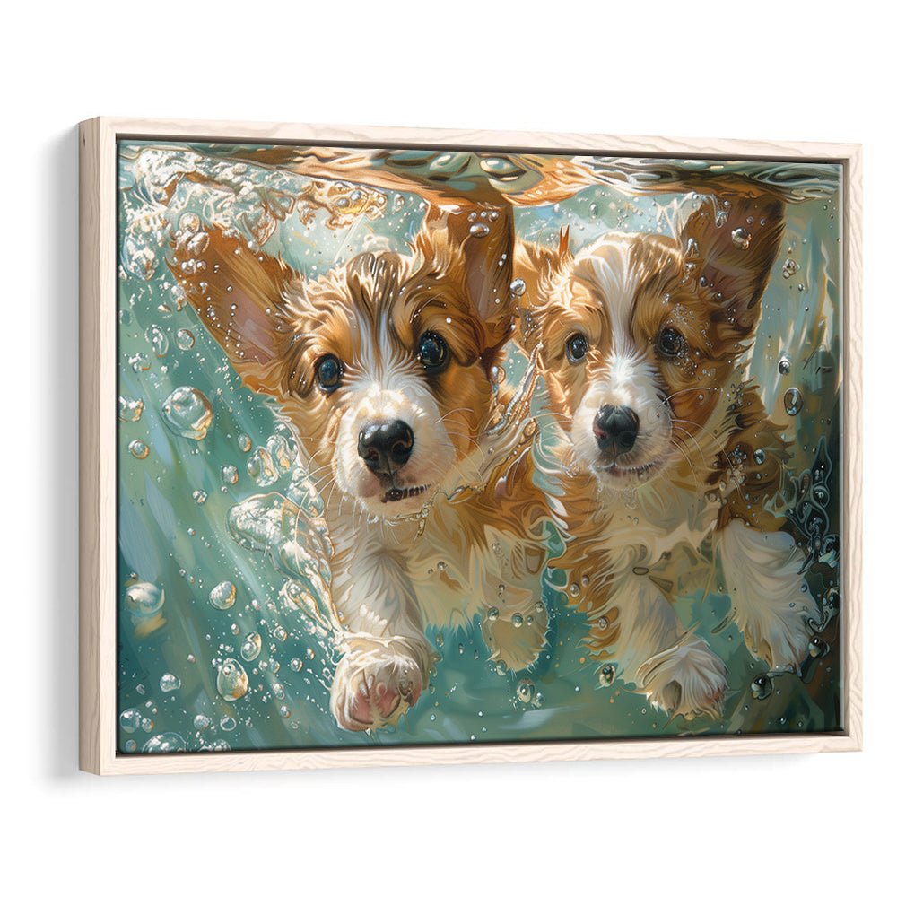 Funny Corgi Puppies Underwater Watercolor, Funny Pet Art, Floating Framed Canvas Print Wall Art