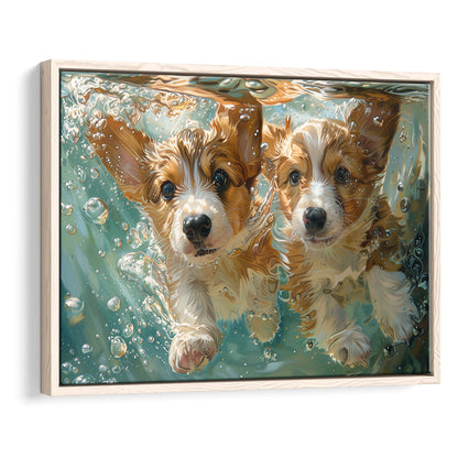 Funny Corgi Puppies Underwater Watercolor, Funny Pet Art, Floating Framed Canvas Print Wall Art