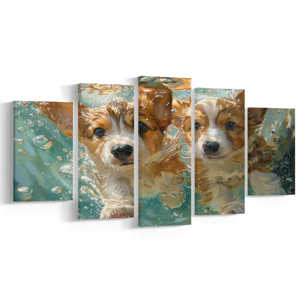 Funny Corgi Puppies Underwater Watercolor, Funny Pet Art, Mixed Panels Canvas Print Wall Art