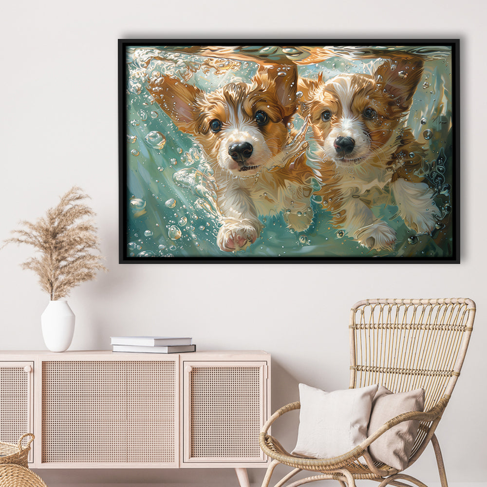 Funny Corgi Puppies Underwater Watercolor, Funny Pet Art, Floating Framed Canvas Print Wall Art