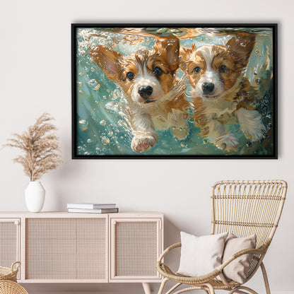 Funny Corgi Puppies Underwater Watercolor, Funny Pet Art, Floating Framed Canvas Print Wall Art