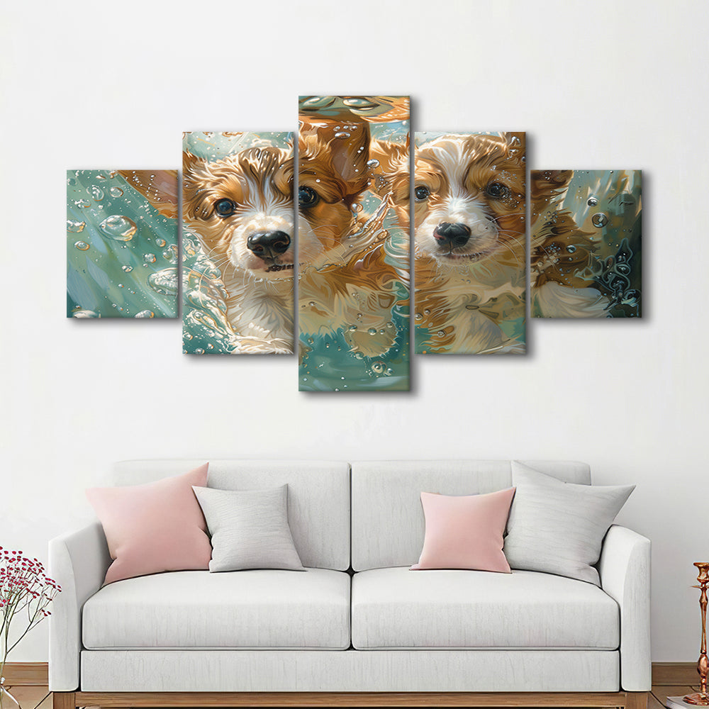 Funny Corgi Puppies Underwater Watercolor, Funny Pet Art, Mixed Panels Canvas Print Wall Art