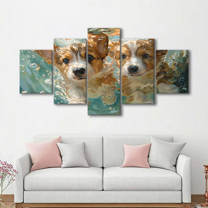 Funny Corgi Puppies Underwater Watercolor, Funny Pet Art, Mixed Panels Canvas Print Wall Art