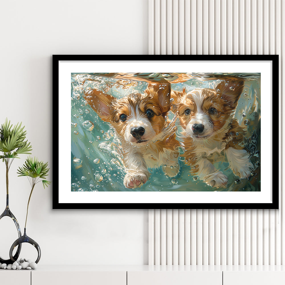 Funny Corgi Puppies Underwater Watercolor, Funny Pet Art, Framed Art Print White Border Wall Decor